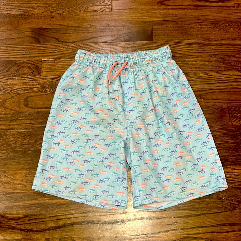 Boys Classic Club swimsuit. Light blue with colorful fish.